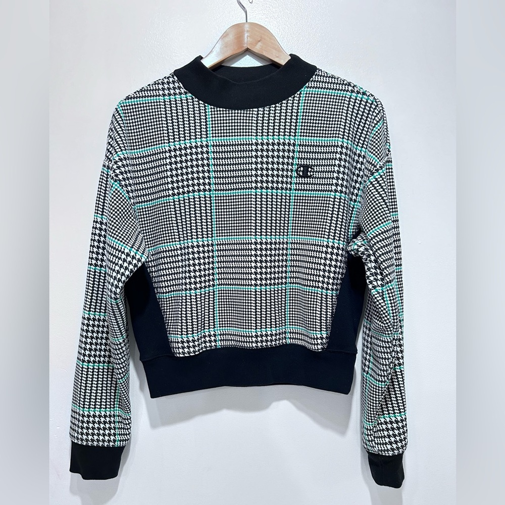 Champion Reverse Weave Fleece Houndstooth Print Mocked Neck Sweater Size M